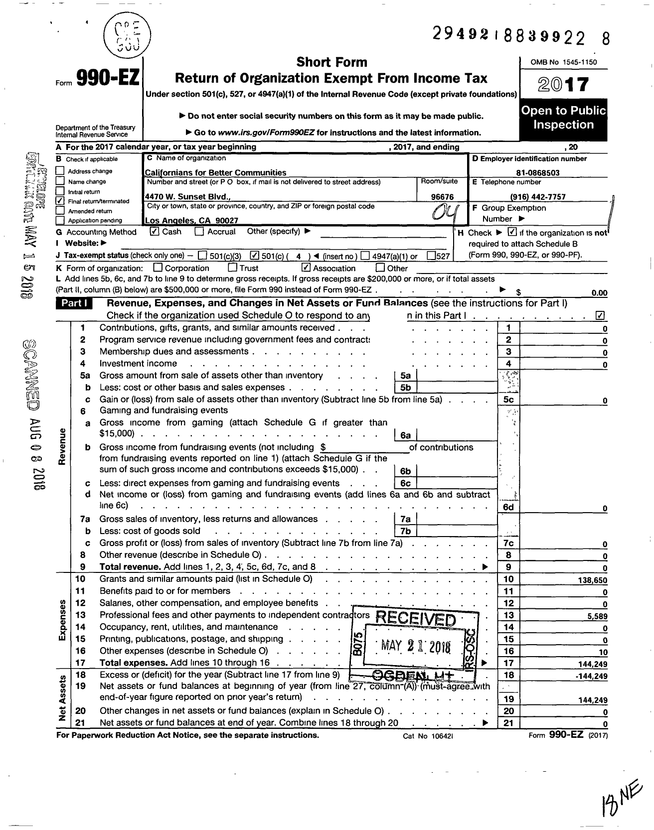 Image of first page of 2017 Form 990EO for Californians for Better Communities