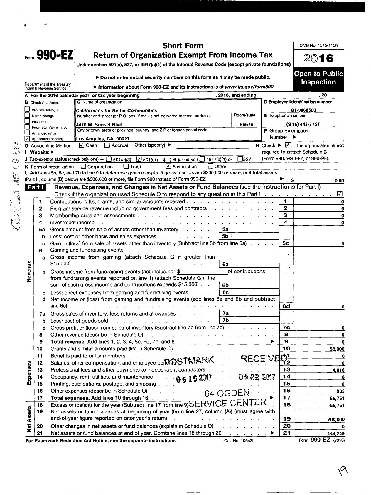 Image of first page of 2016 Form 990EO for Californians for Better Communities