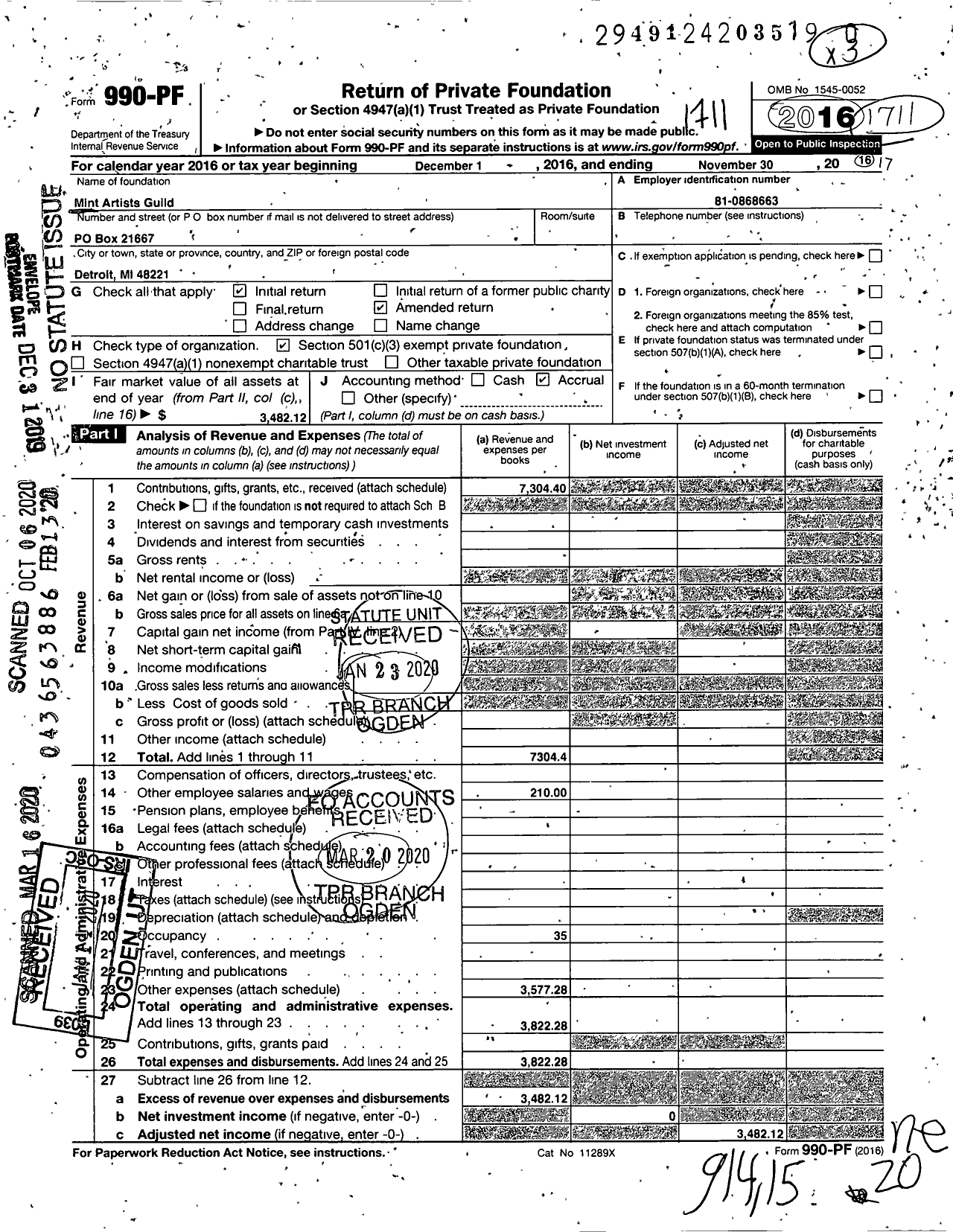 Image of first page of 2016 Form 990PR for Mint Artists Guild