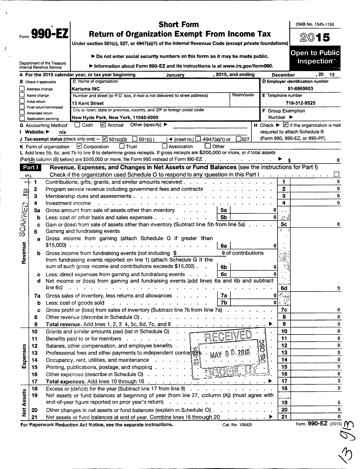 Image of first page of 2015 Form 990EZ for Global Education Project