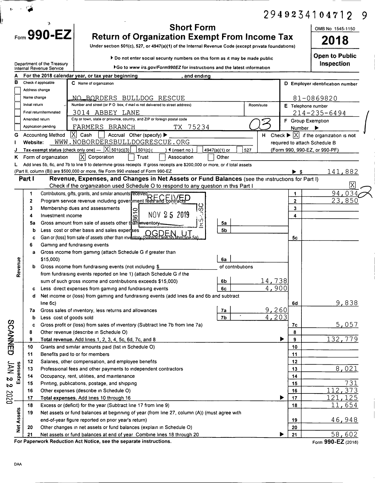 Image of first page of 2018 Form 990EZ for No Borders Bulldog Rescue