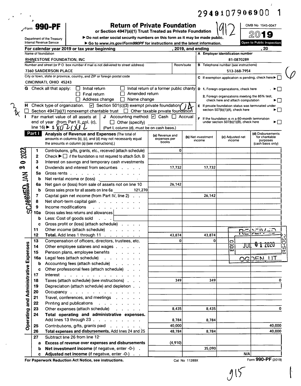 Image of first page of 2019 Form 990PF for Rhinestone Foundation