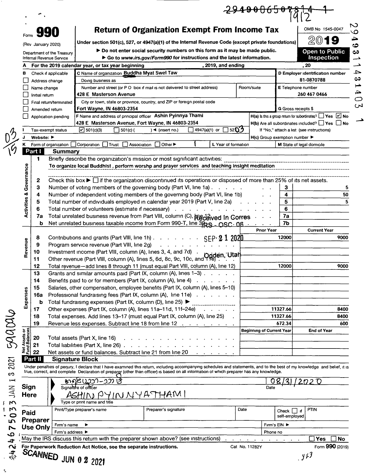 Image of first page of 2019 Form 990 for Buddha Myat Swel Taw