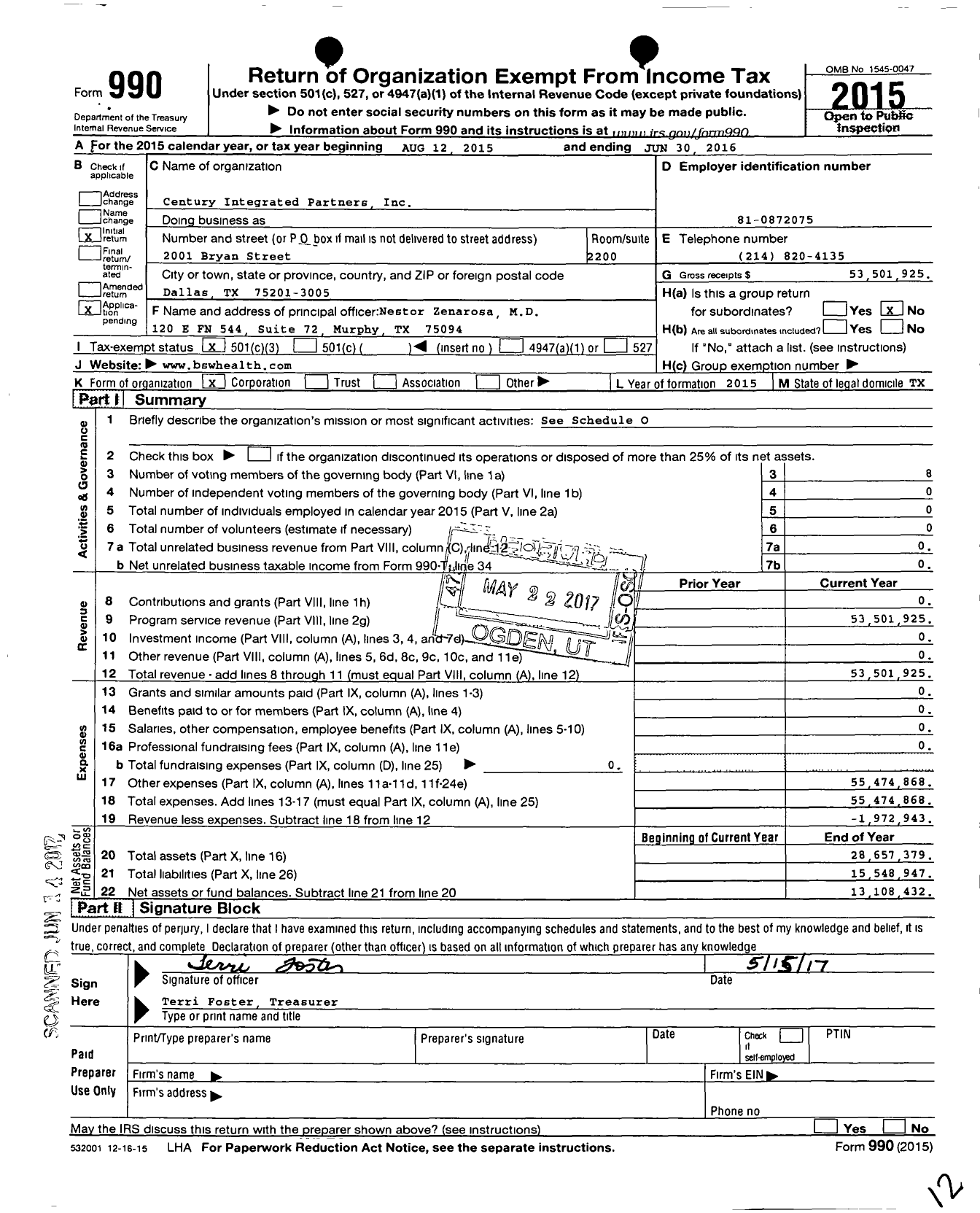 Image of first page of 2015 Form 990 for Century Integrated Partners