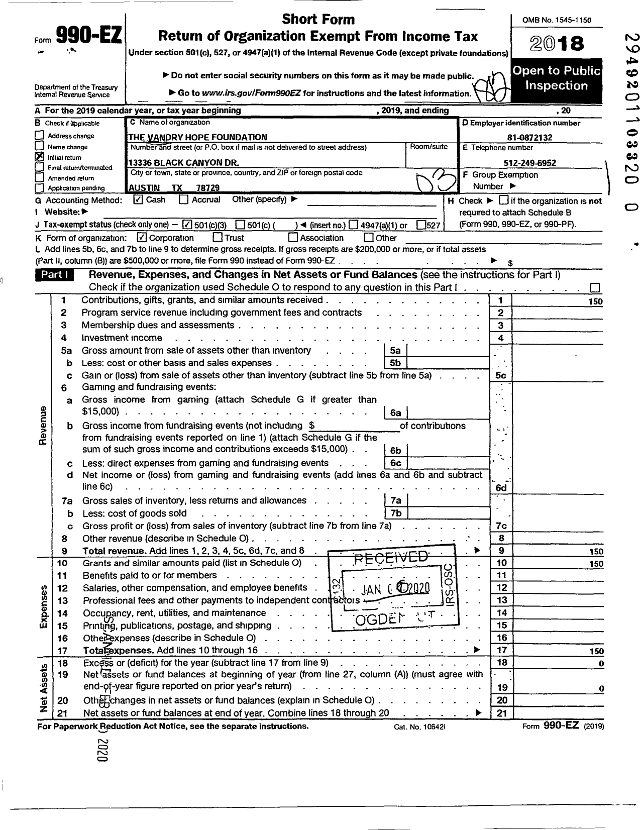 Image of first page of 2018 Form 990EZ for The Vandry Hope Foundation