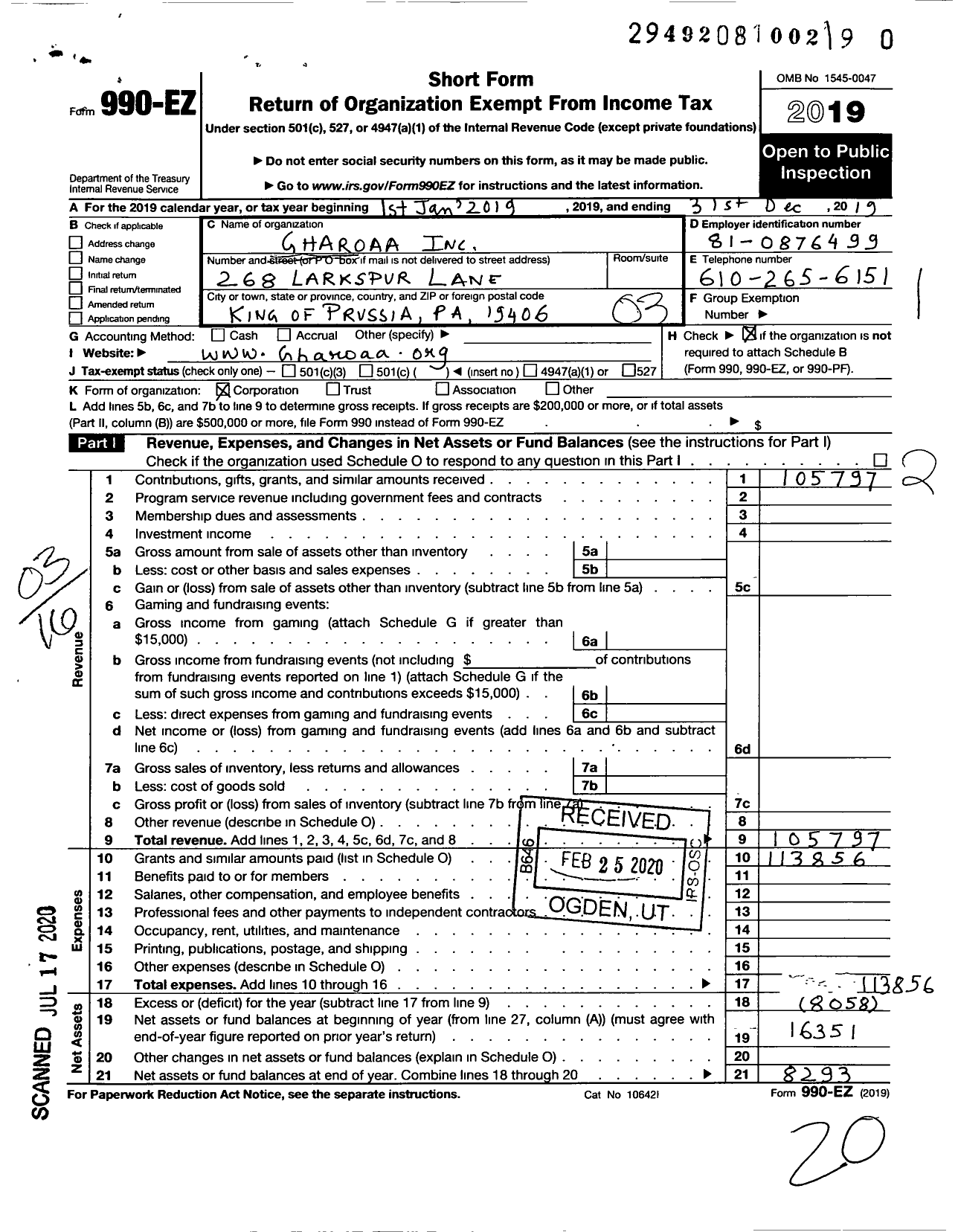 Image of first page of 2019 Form 990EZ for Gharoaa