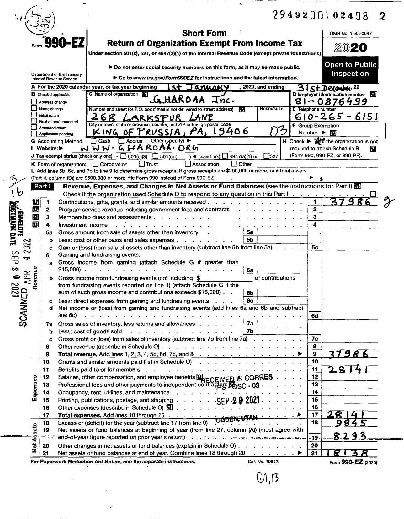 Image of first page of 2020 Form 990EZ for Gharoaa