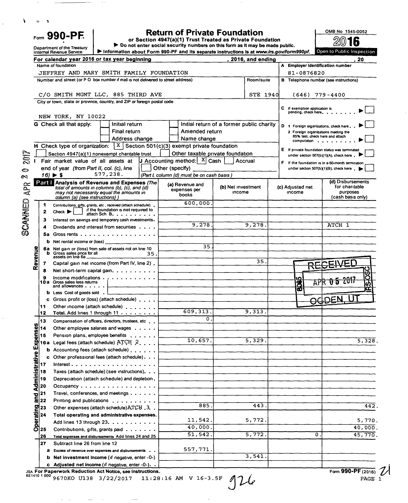 Image of first page of 2016 Form 990PF for Jeffrey and Mary Smith Family Foundation