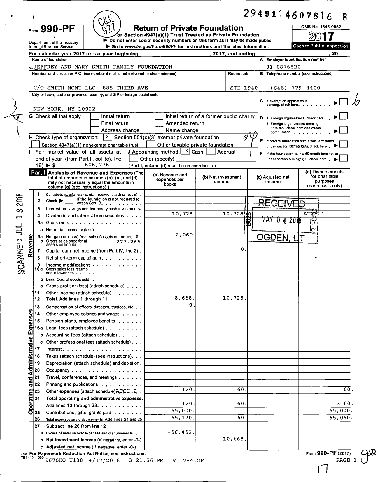 Image of first page of 2017 Form 990PF for Jeffrey and Mary Smith Family Foundation