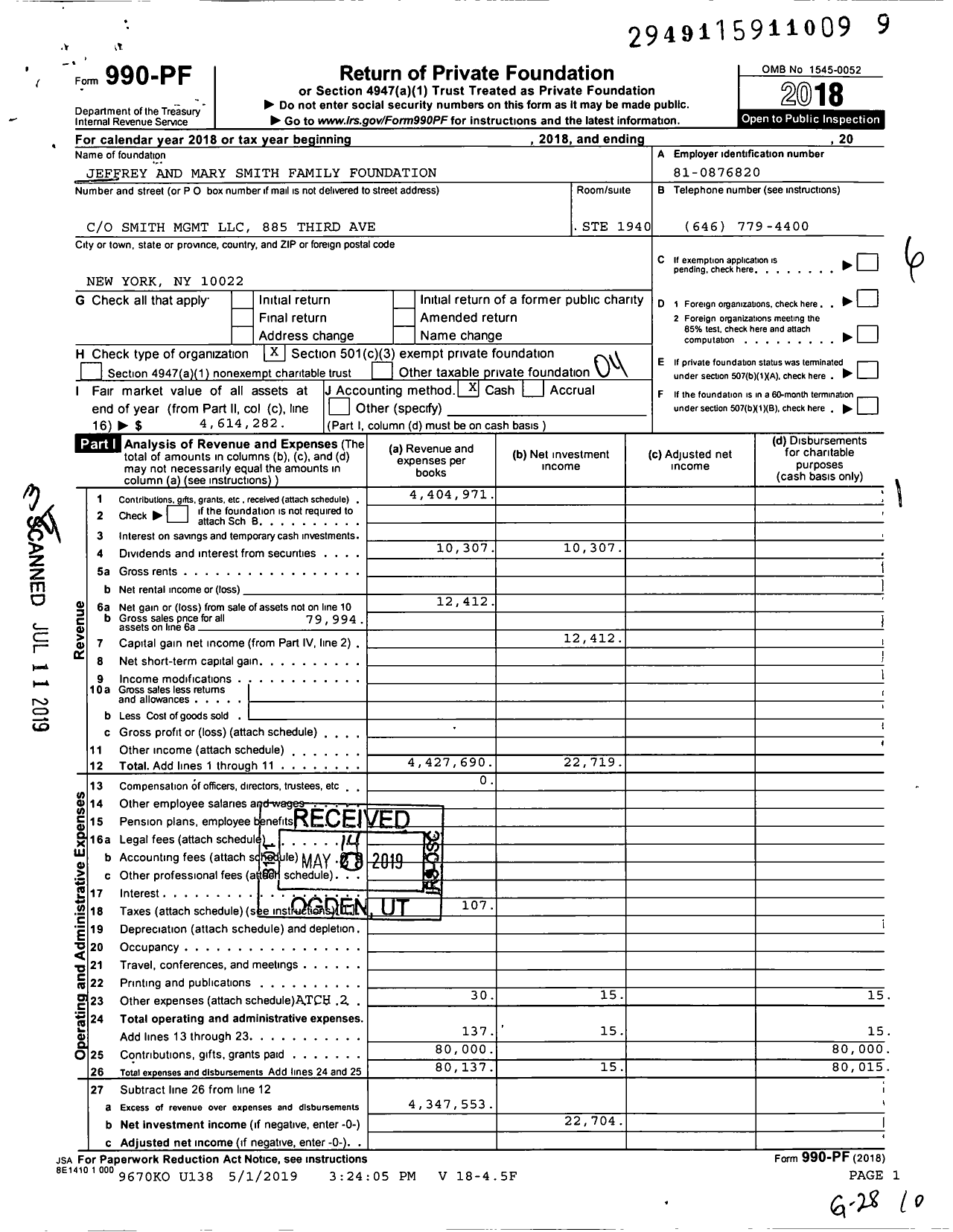 Image of first page of 2018 Form 990PF for Jeffrey and Mary Smith Family Foundation