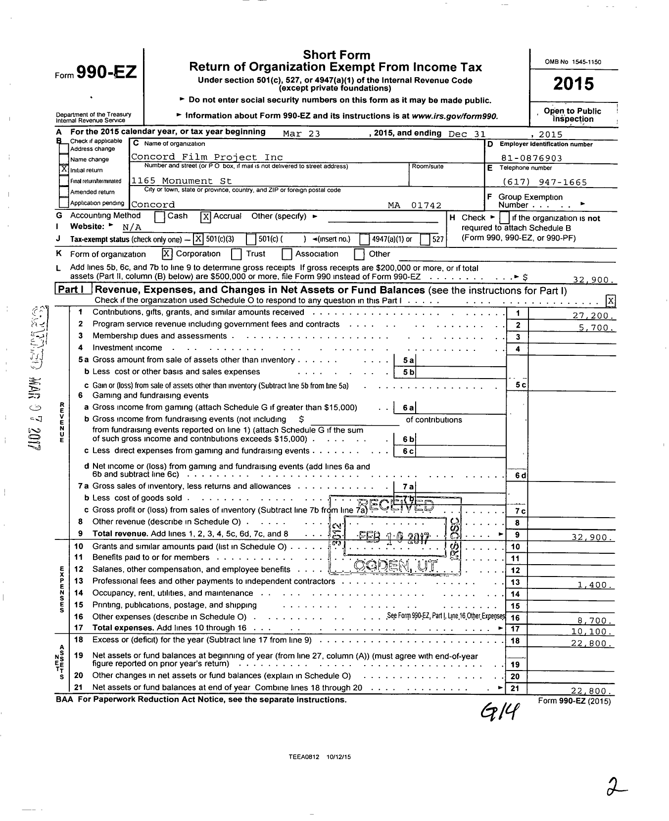 Image of first page of 2015 Form 990EZ for Concord Film Project