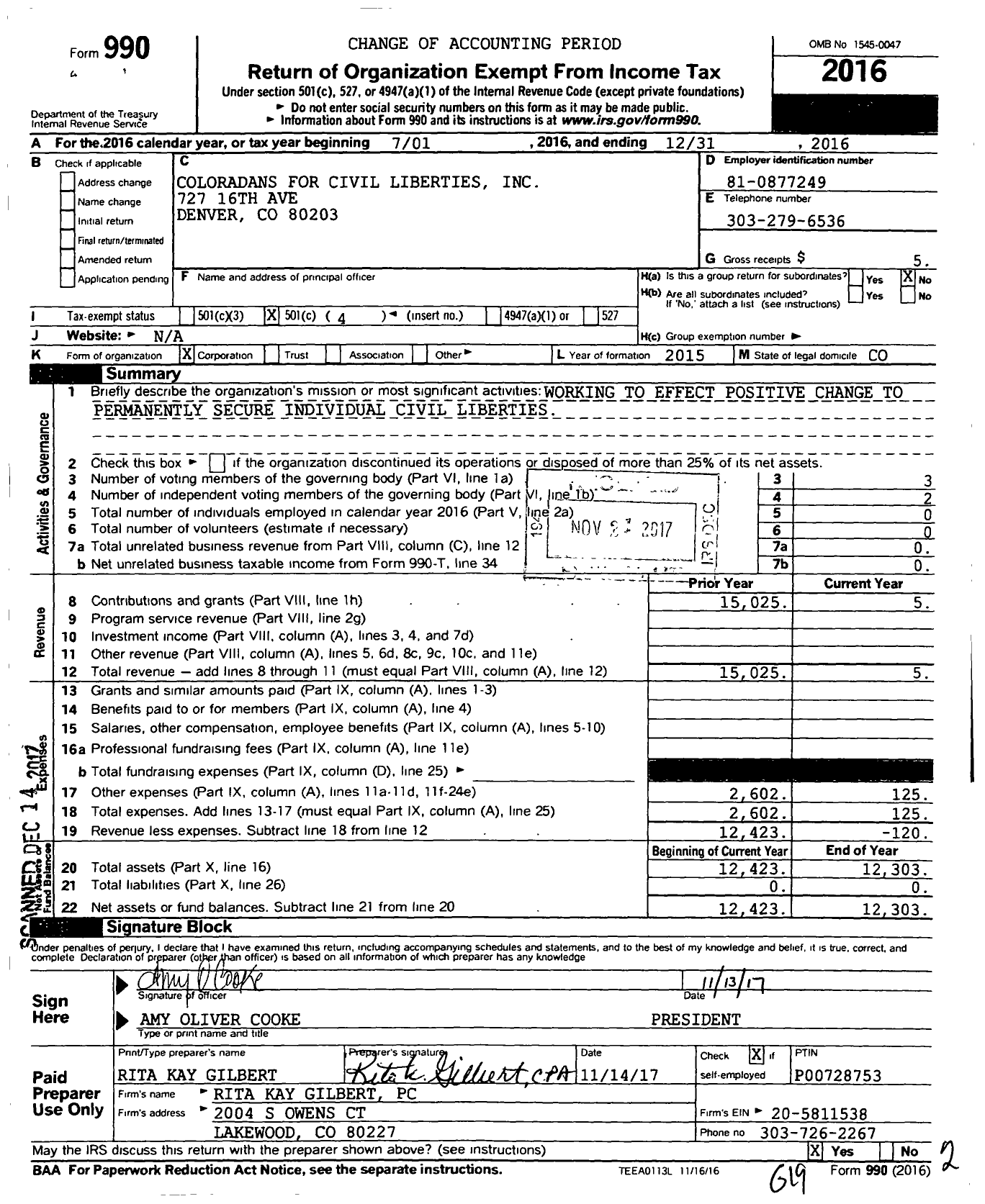 Image of first page of 2016 Form 990O for Coloradans for Civil Liberties