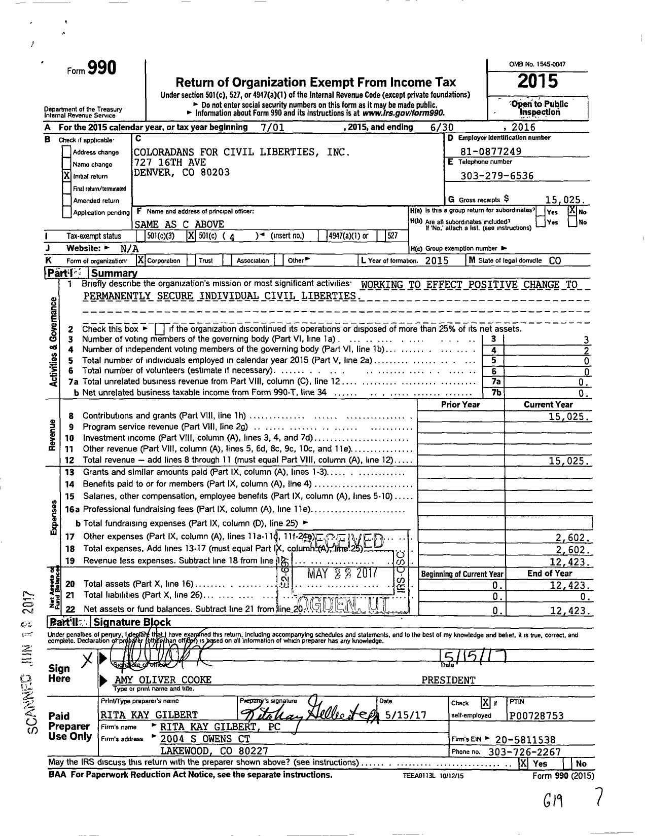 Image of first page of 2015 Form 990O for Coloradans for Civil Liberties