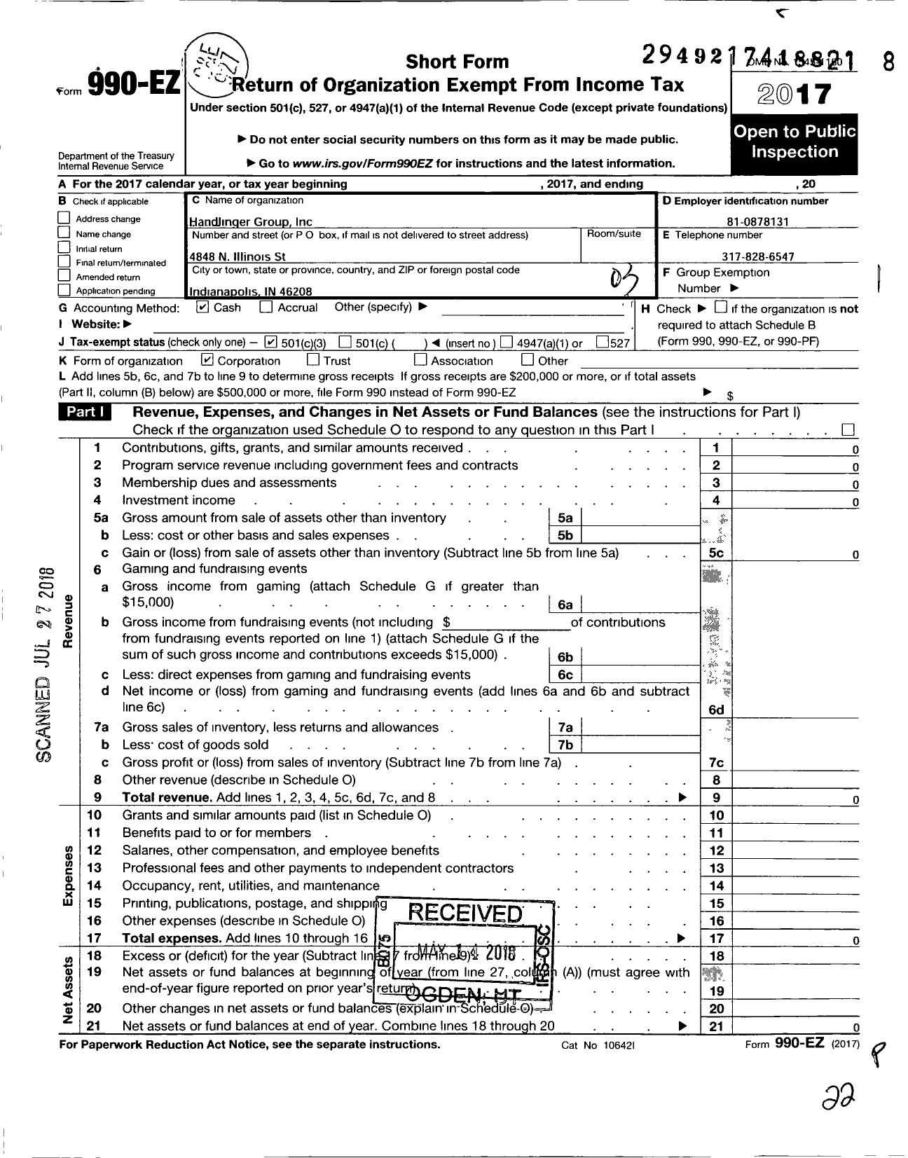 Image of first page of 2017 Form 990EZ for Handlinger Group