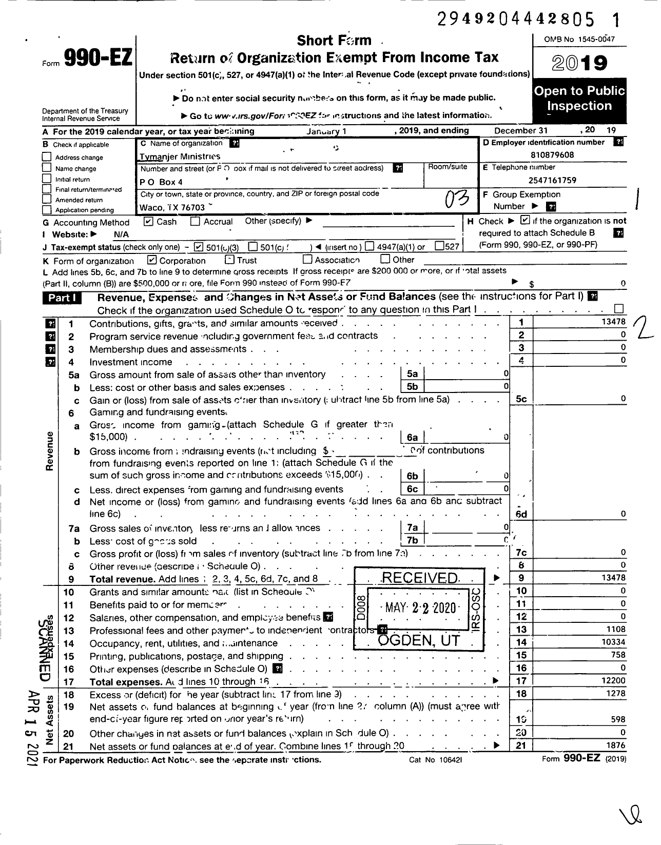 Image of first page of 2019 Form 990EZ for Tymanjer Ministries