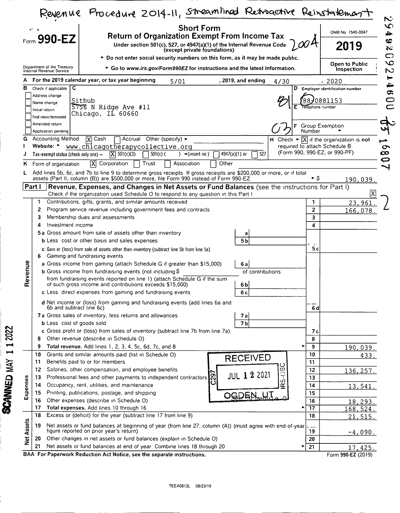 Image of first page of 2019 Form 990EZ for Sithub