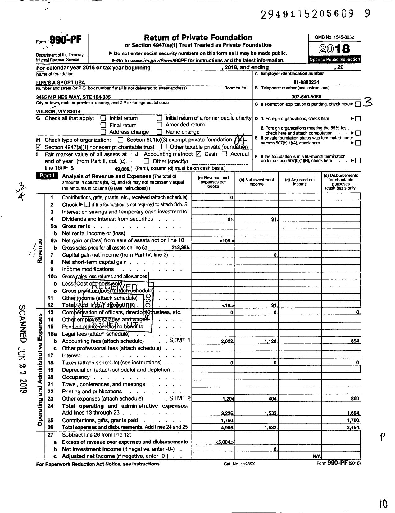 Image of first page of 2018 Form 990PF for Life's A Sport USA