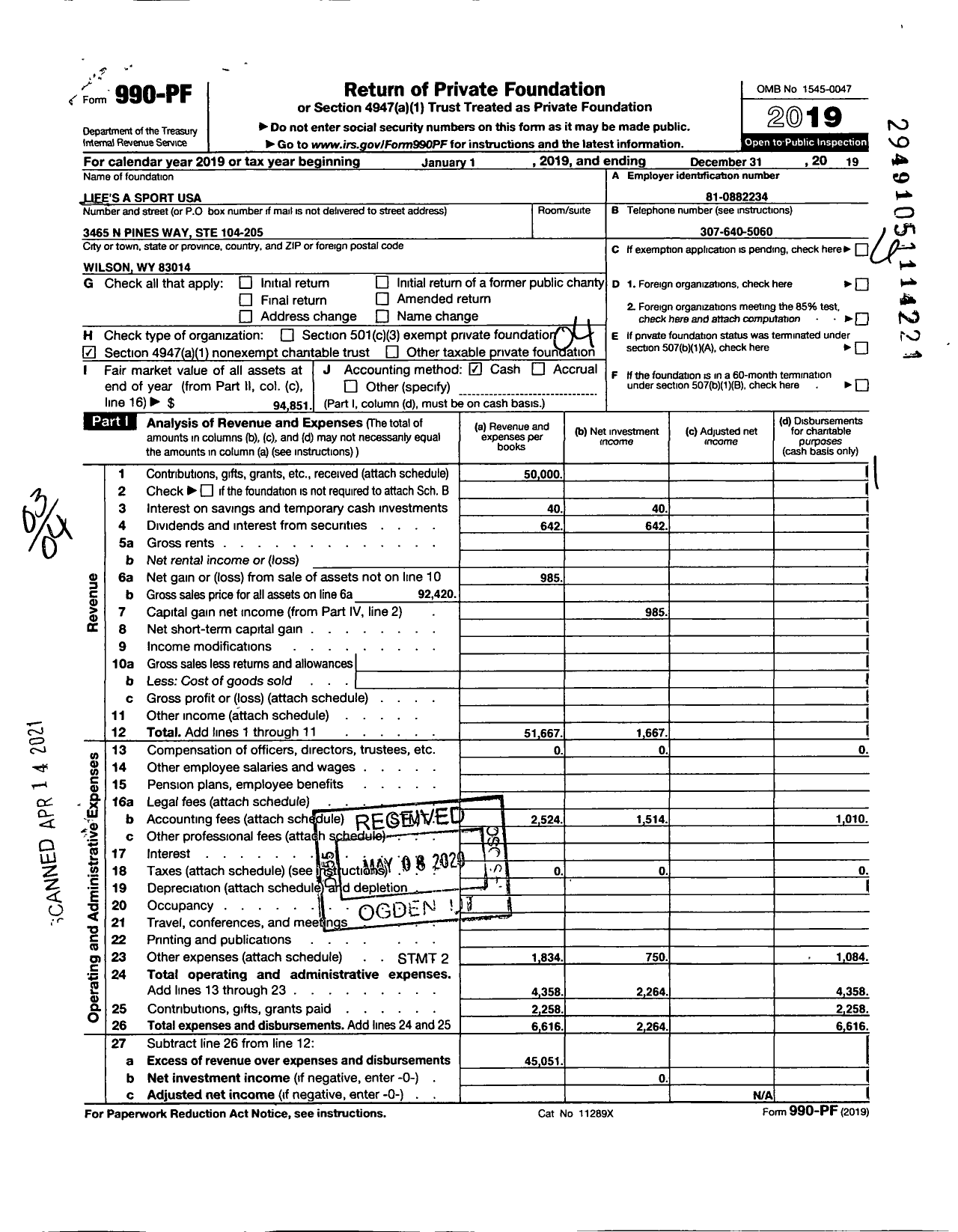 Image of first page of 2019 Form 990PF for Life's A Sport USA