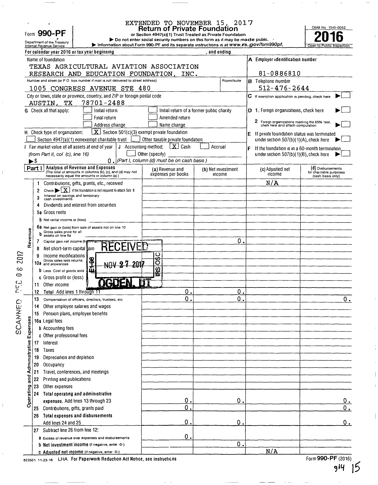 Image of first page of 2016 Form 990PF for Texas Agric Aviation Association Res and Ed Foundation