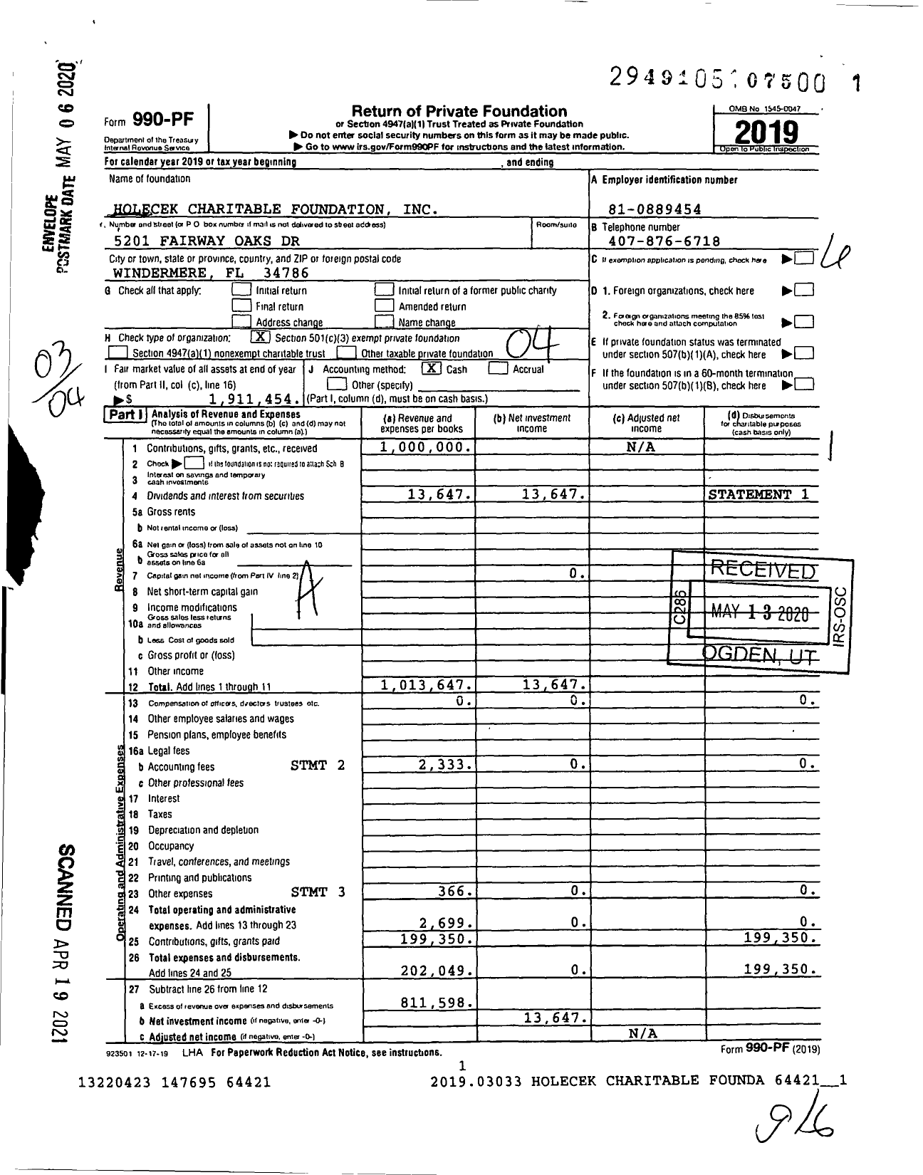 Image of first page of 2019 Form 990PF for Holecek Charitable Foundation