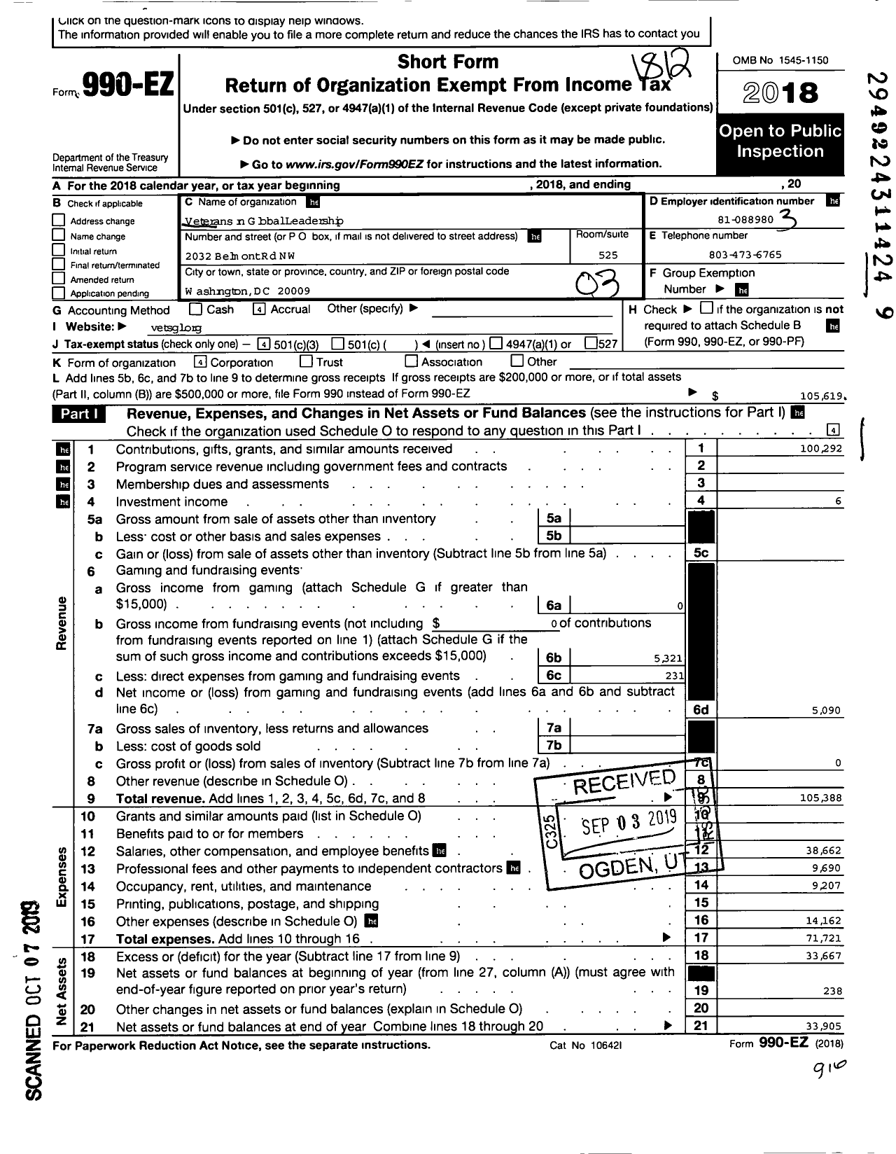 Image of first page of 2018 Form 990EZ for Veterans in Global Leadership