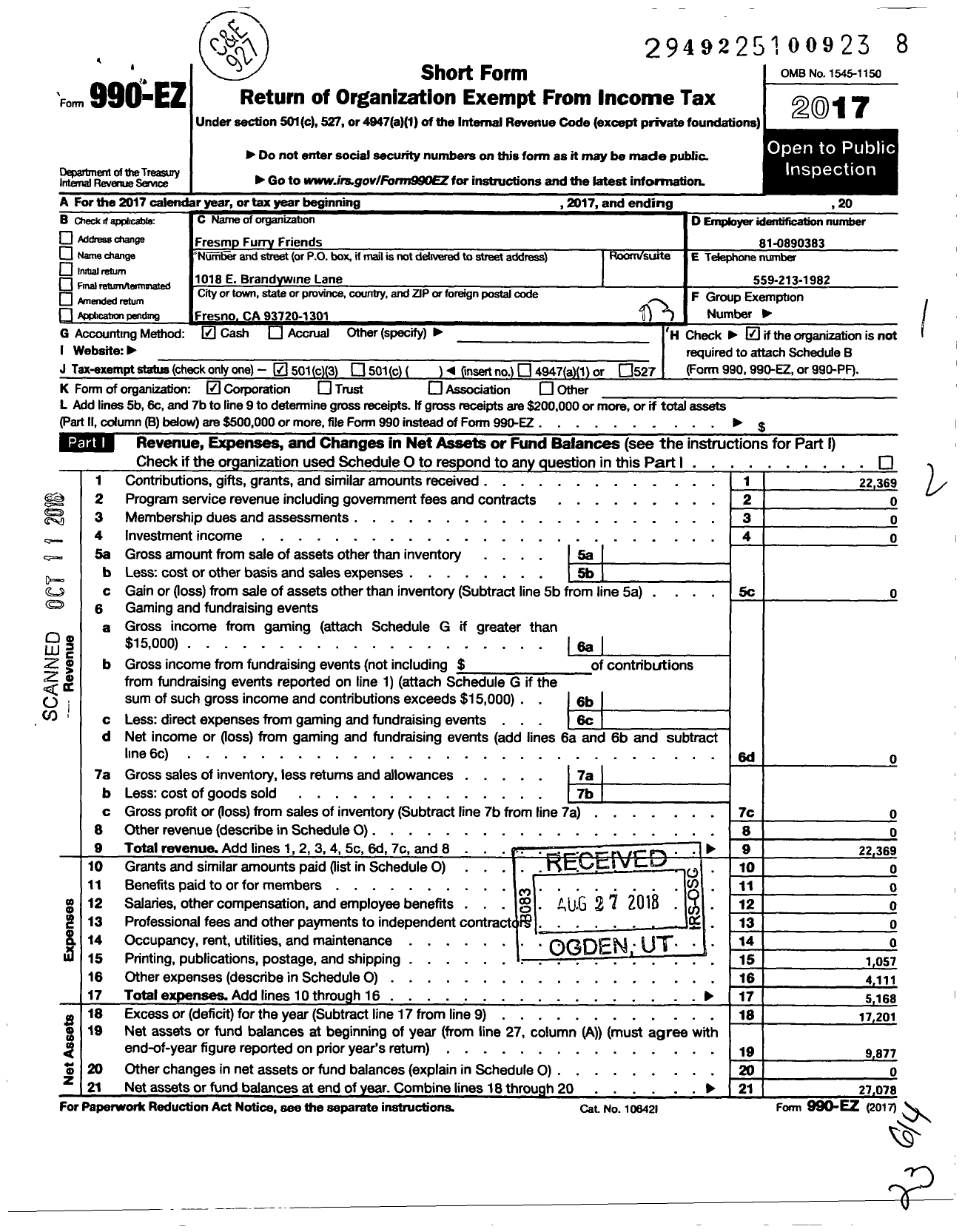 Image of first page of 2017 Form 990EZ for Fresno Furry Friends