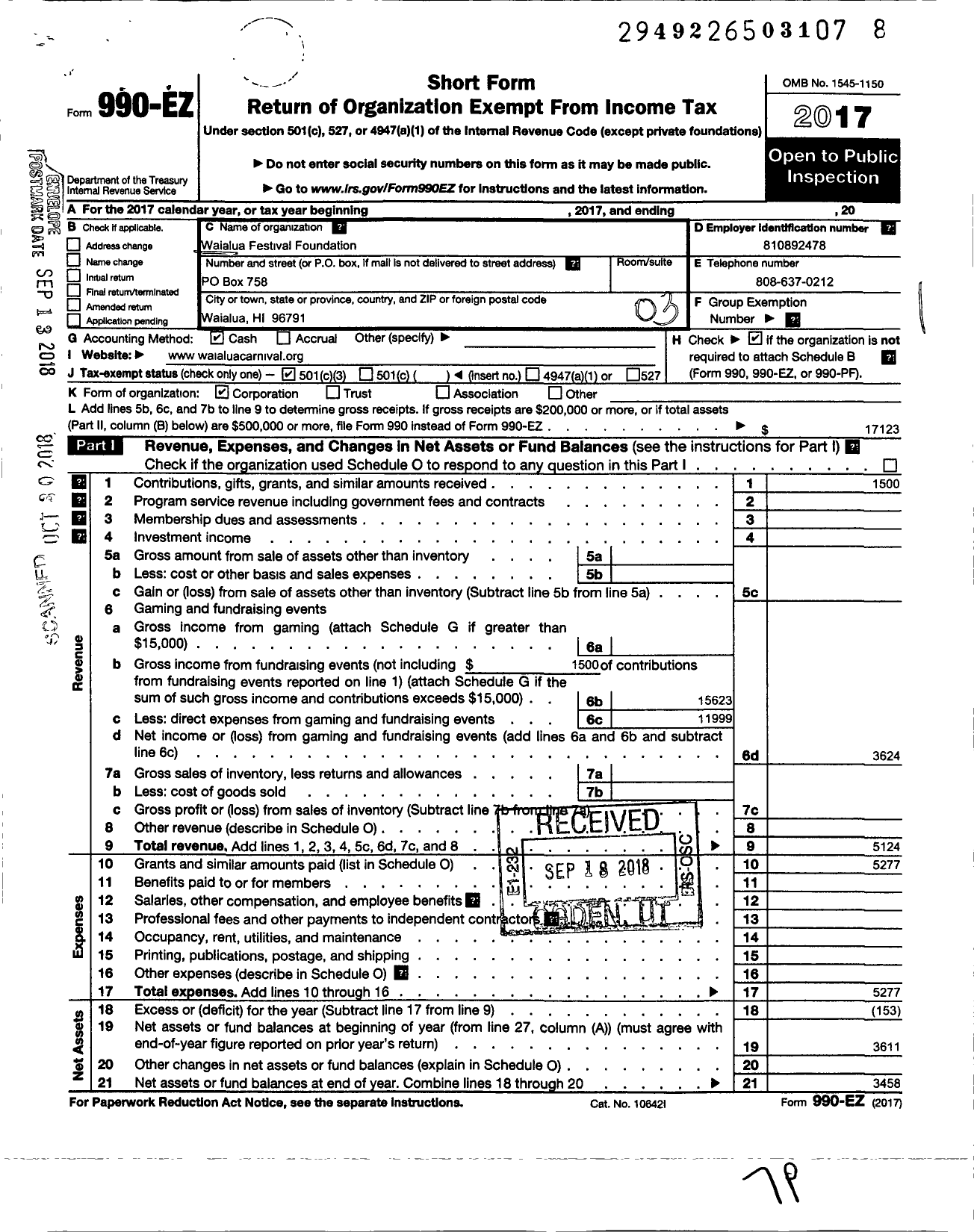 Image of first page of 2017 Form 990EZ for Waialua Festival Foundation