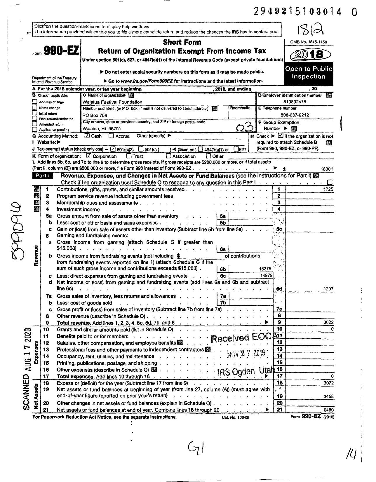 Image of first page of 2018 Form 990EZ for Waialua Festival Foundation