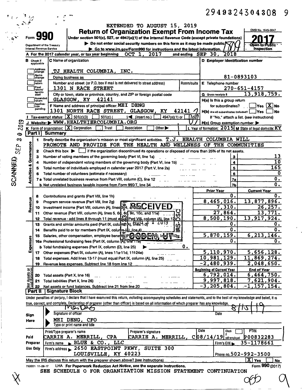 Image of first page of 2017 Form 990 for TJ Health Columbia