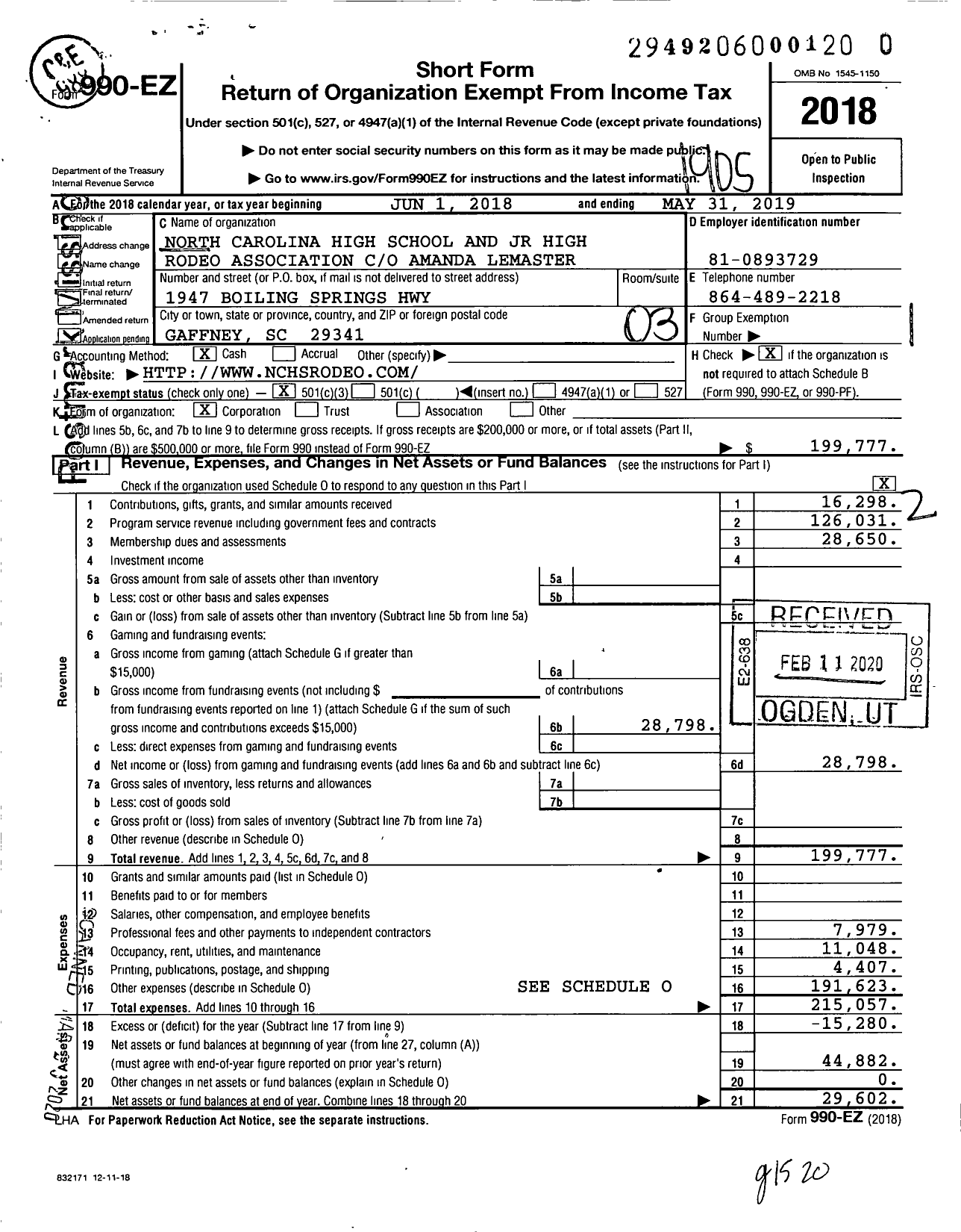 Image of first page of 2018 Form 990EZ for North Carolina High School and JR High