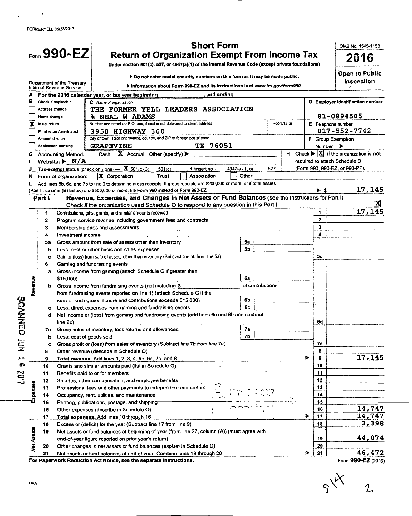 Image of first page of 2016 Form 990EZ for The Former Yell Leaders Association