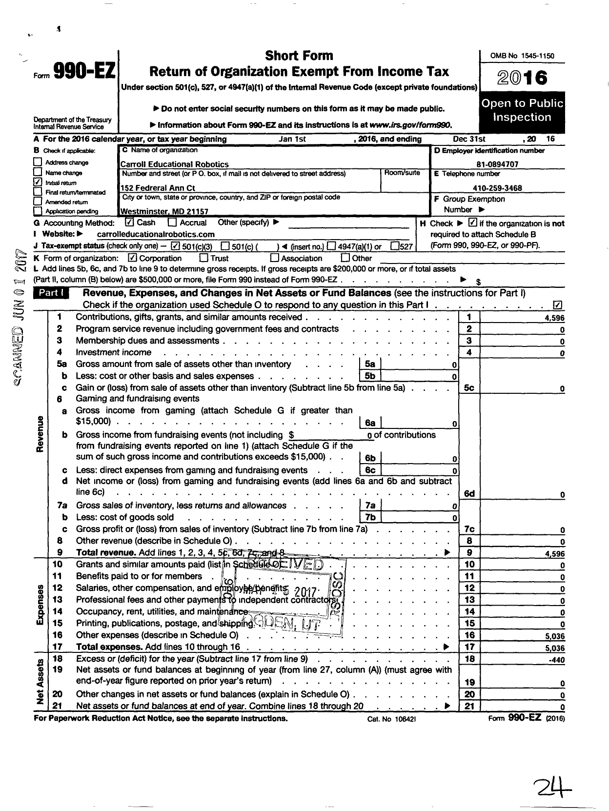 Image of first page of 2016 Form 990EZ for Carroll Educational Robotics