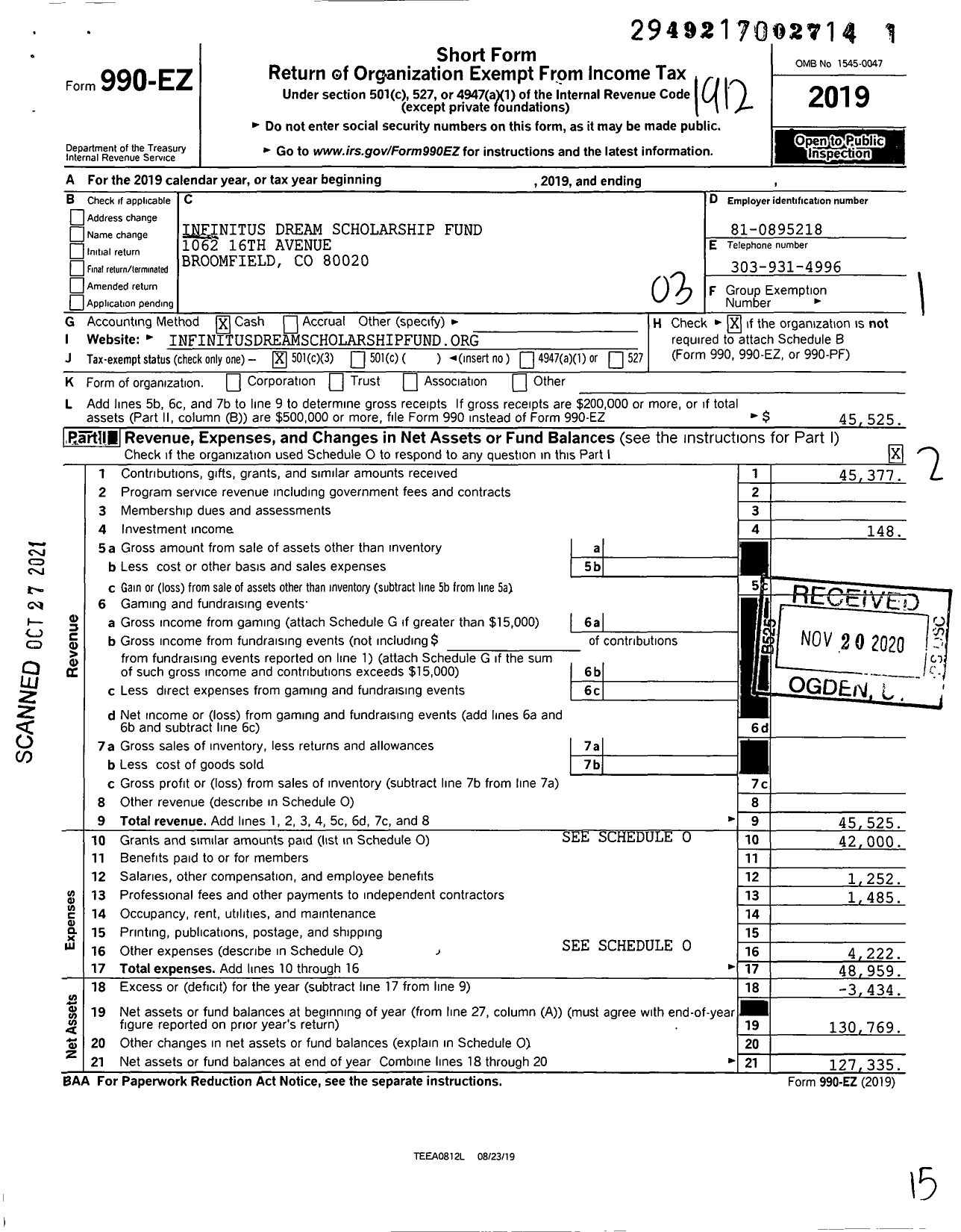 Image of first page of 2019 Form 990EZ for Infinitus Dream Scholarship Fund