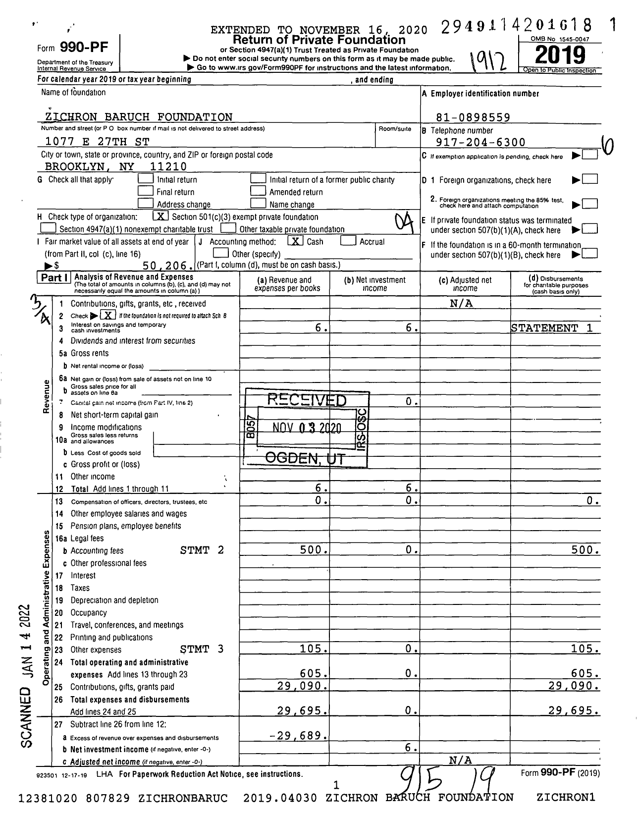 Image of first page of 2019 Form 990PF for Zichron Baruch Foundation