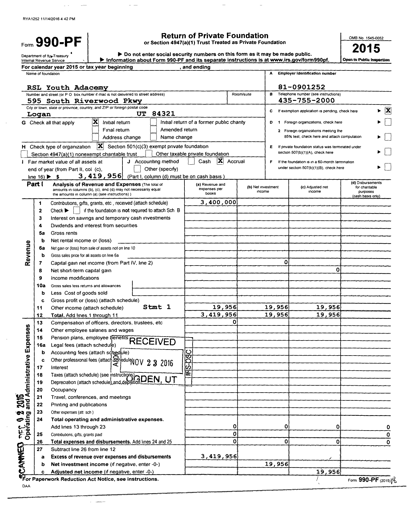 Image of first page of 2015 Form 990PF for Utah Youth Sports Academy Foundation