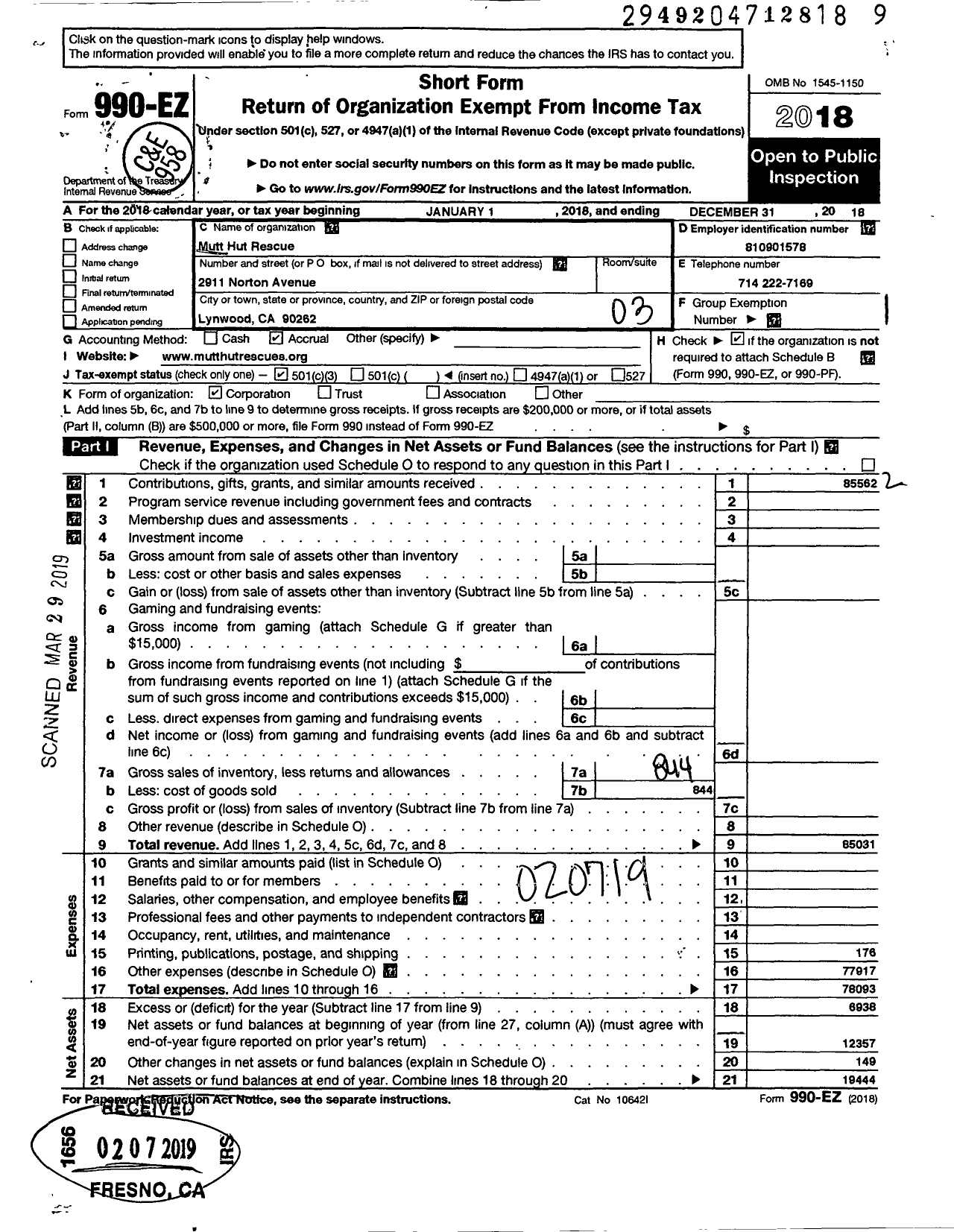 Image of first page of 2018 Form 990EZ for Mutt Hut Rescue