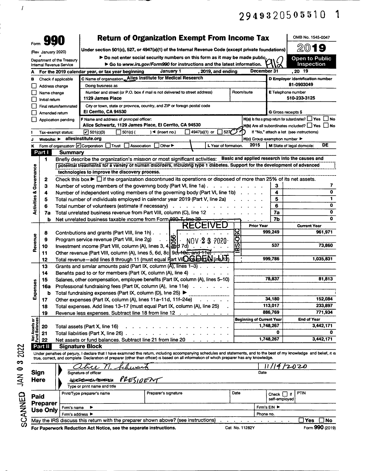 Image of first page of 2019 Form 990 for Alles Institute for Medical Research