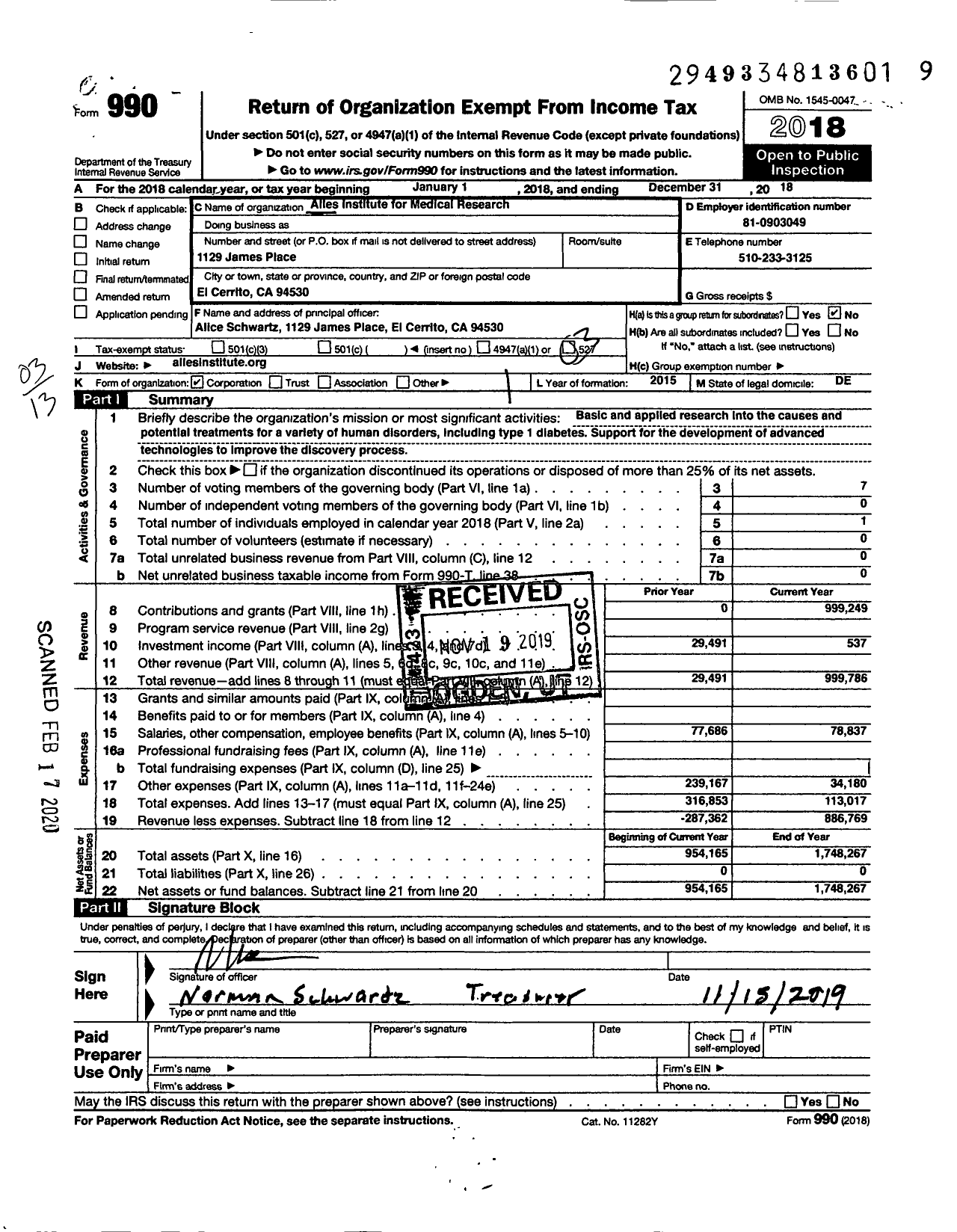 Image of first page of 2018 Form 990 for Alles Institute for Medical Research