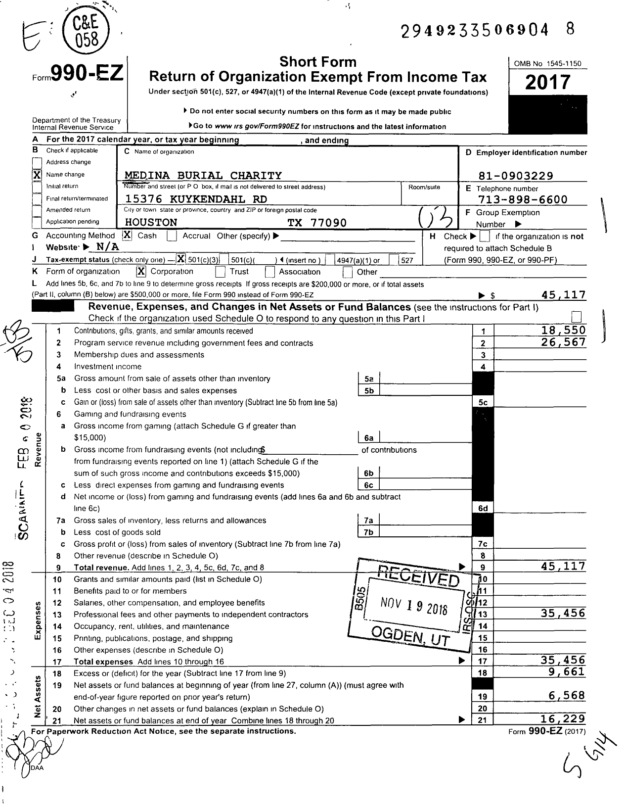 Image of first page of 2017 Form 990EZ for Medina Burial Charity