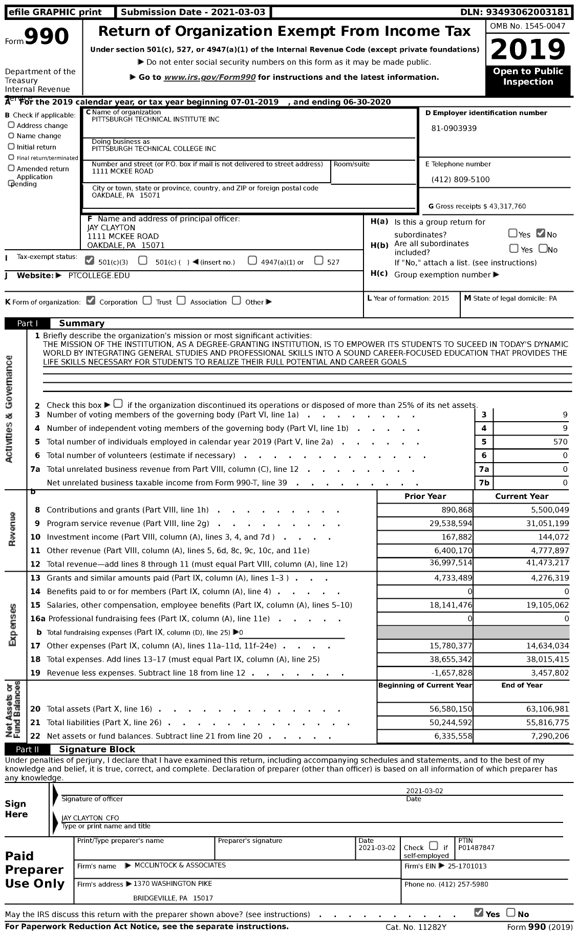Image of first page of 2019 Form 990 for Pittsburgh Technical College