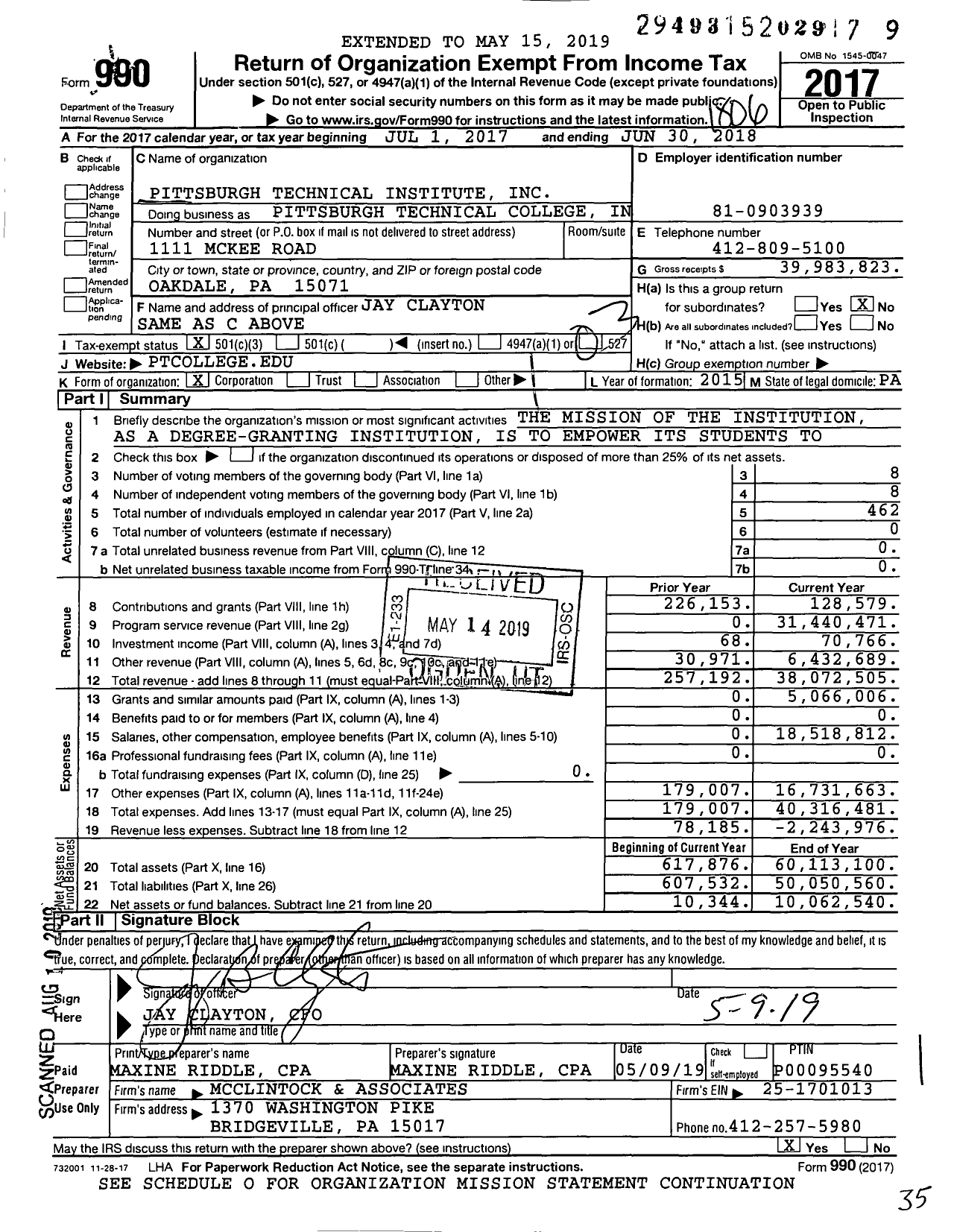 Image of first page of 2017 Form 990 for Pittsburgh Technical College