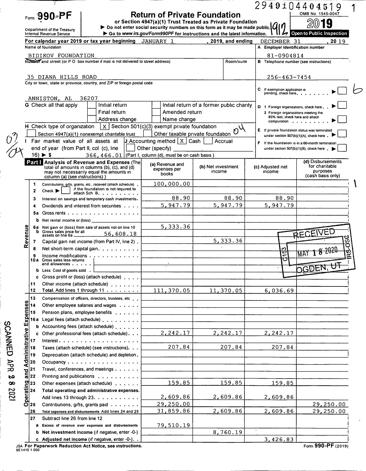 Image of first page of 2019 Form 990PF for Bidikov Foundation