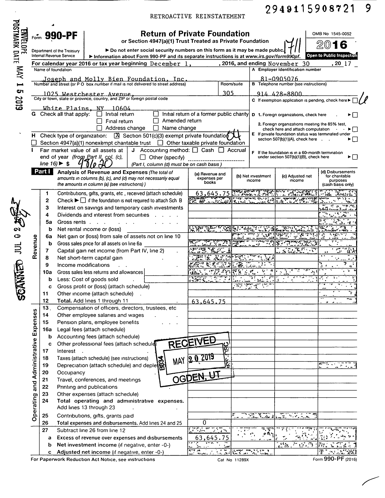 Image of first page of 2016 Form 990PF for Joseph and Molly Bien Foundation