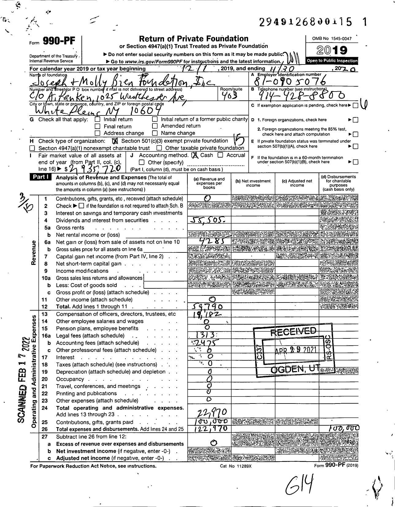 Image of first page of 2019 Form 990PF for Joseph and Molly Bien Foundation