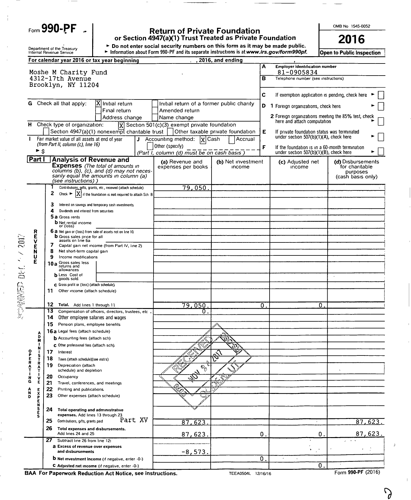 Image of first page of 2016 Form 990PF for Moshe M Charity Fund