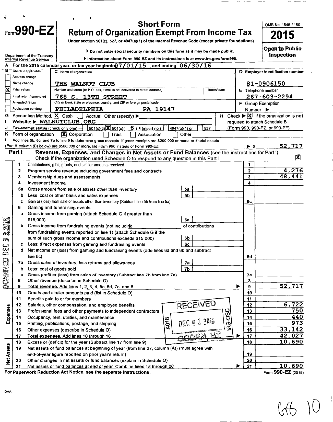 Image of first page of 2015 Form 990EO for The Walnut Club