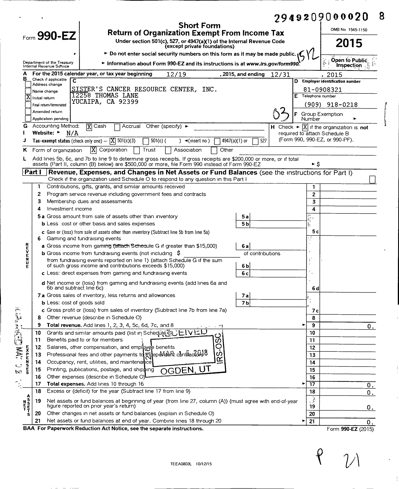 Image of first page of 2015 Form 990EZ for Sister S Cancer Resource Center