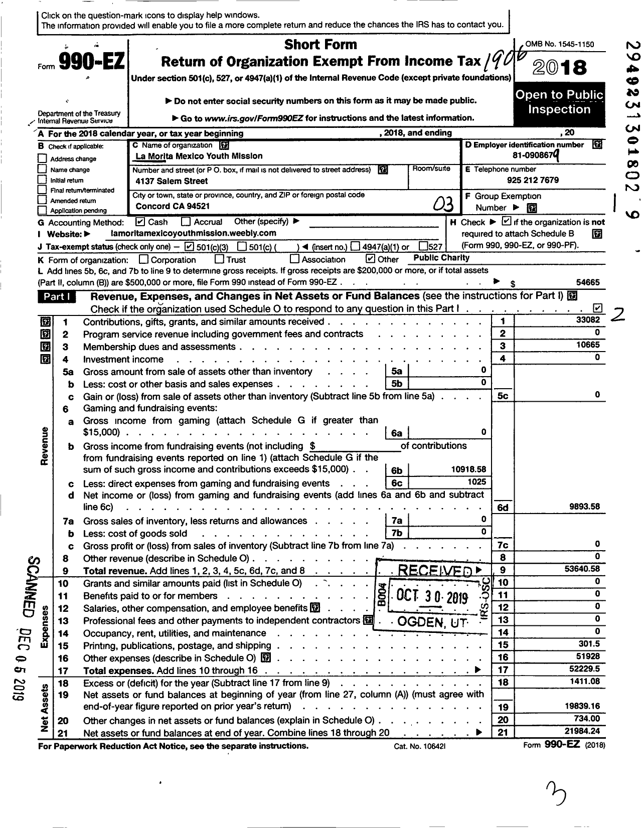 Image of first page of 2018 Form 990EZ for Ojala Ministries