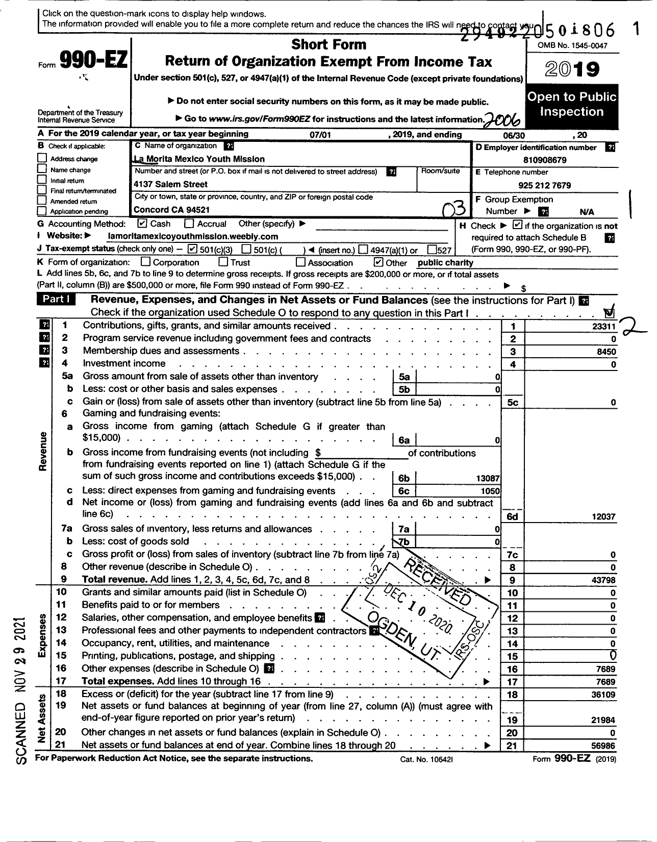 Image of first page of 2019 Form 990EZ for Ojala Ministries