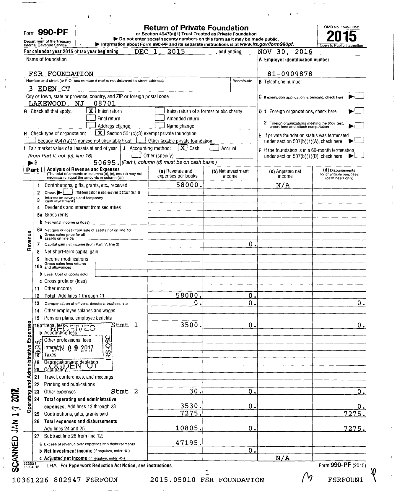 Image of first page of 2015 Form 990PF for FSR Foundation